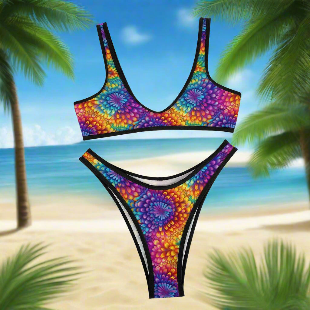 Colorful bikini set with a black border on an island beach background