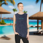Dude wearing a sleeveless Beach Bum tee. hanging out in swank beach resort.