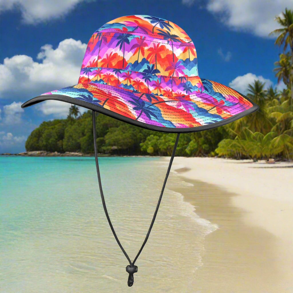 Colorful bucket hat with palm tree pattern on a beach background