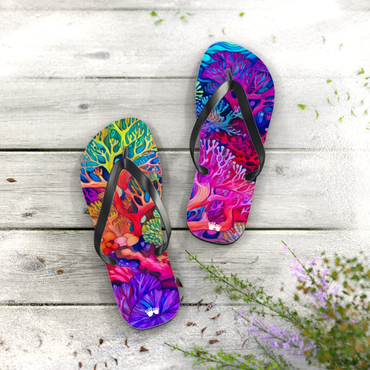 Beach Ready Flip-Flops With Vibrant Coral Reef Art. Sandals