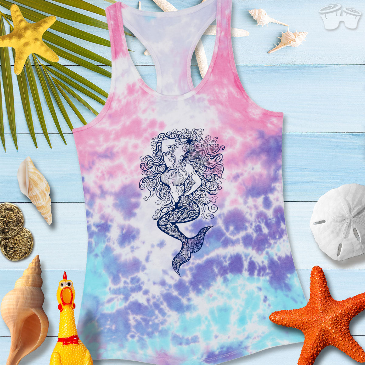 Mermaid Zen Tangle Tie Dye Tank Top with colorful design, perfect for summer days and beach fun.