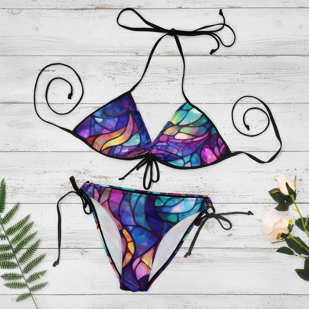 Colorful bikini set with a stained glass design on a white nautical wood background