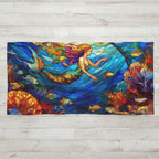 A rectangular beach towel featuring a vibrant stained-glass style illustration of an underwater mermaid scene with colorful coral reefs and sea life, shown against a plain faded wood background.