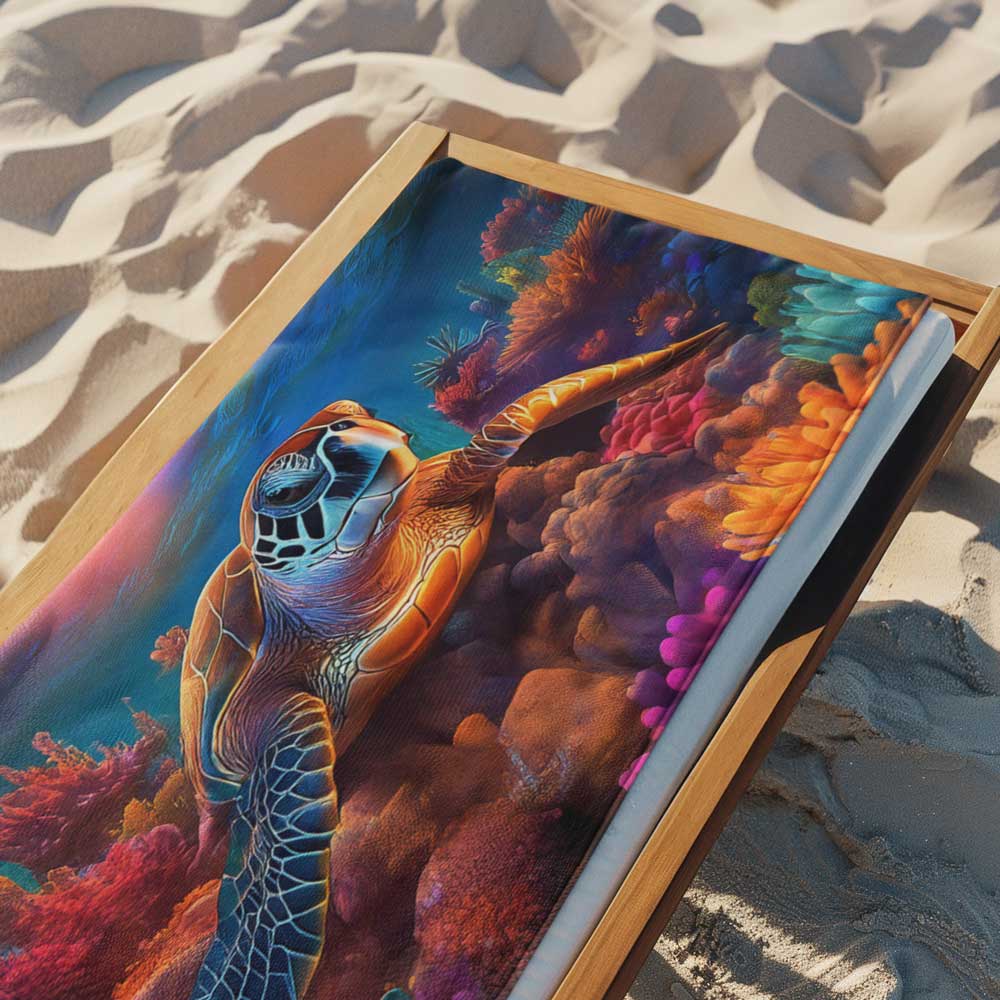 Super cool beach towel with sea turtle laying on wood lounge chair in the sand