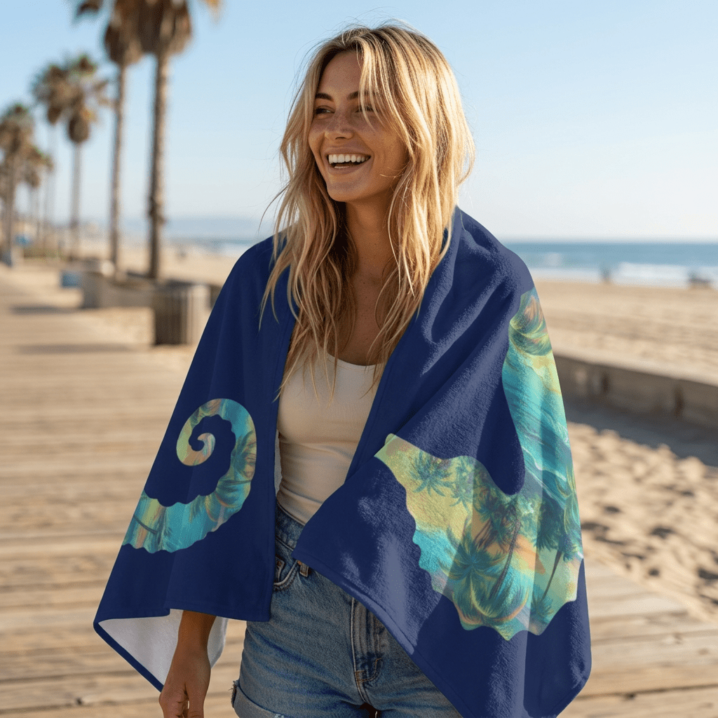 A woman smiling on a beach boardwalk wearing a navy blue wrap or towel with large tropical wave and palm tree prints in teal, aqua, and yellow-green. The beach, sand, and palm trees are visible in the background.