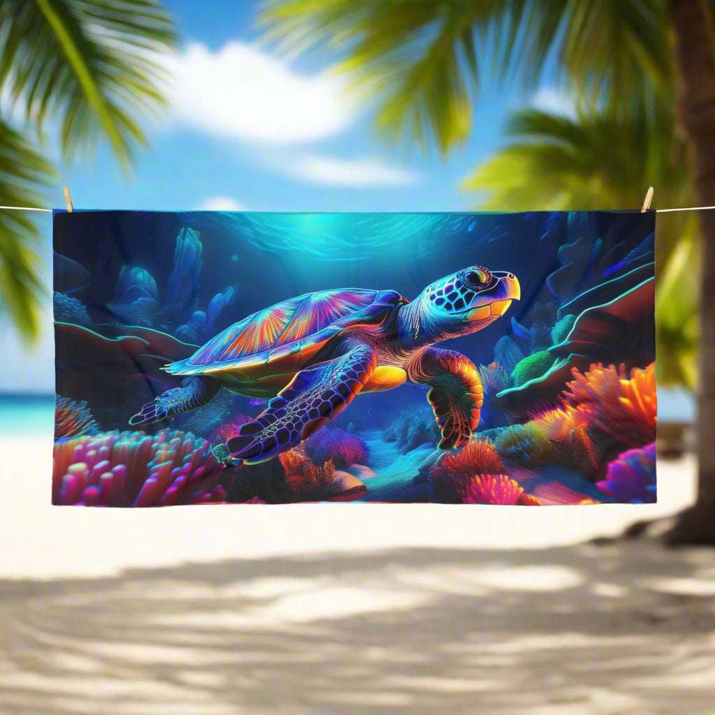 Beach Towel featuring a beautifully colored sea turtle swimming through a coral reef, hanging on a clothesline near the beach on a tropical island
