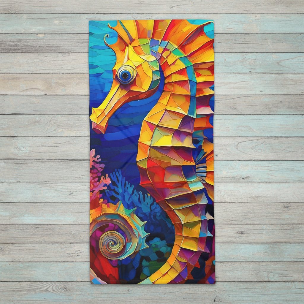 A rectangular Beach Towel featuring a colorful geometric seahorse over an ocean scene, displayed against a light gray wood plank background.