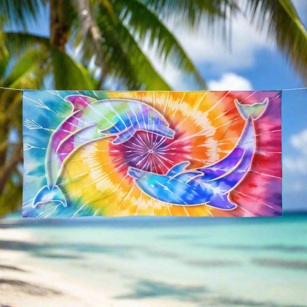 Tie-Dye Beach towel featuring two dolphins circling each other against a tie dye backdrop, hanging on a close line in an island paradise