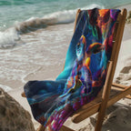 Sea turtle beach towel draped over a deck chair on the beach