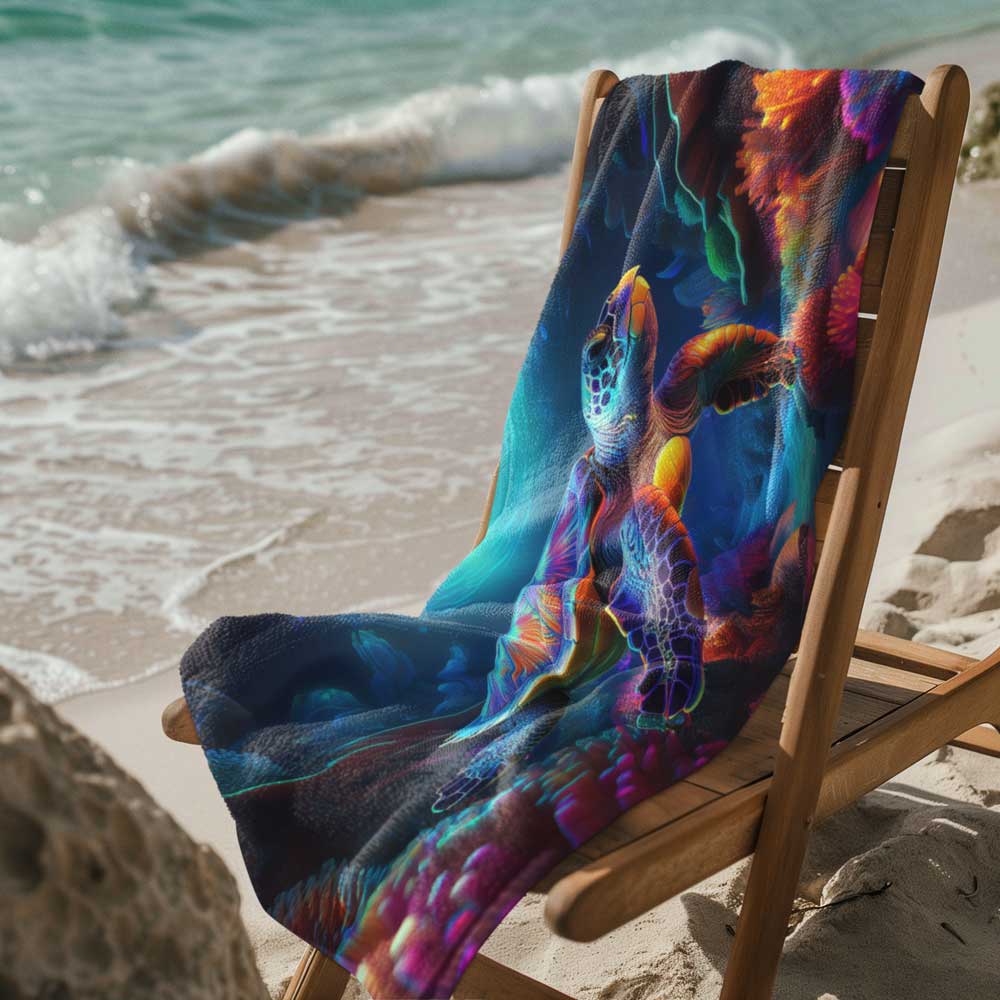 Sea turtle beach towel draped over a deck chair on the beach