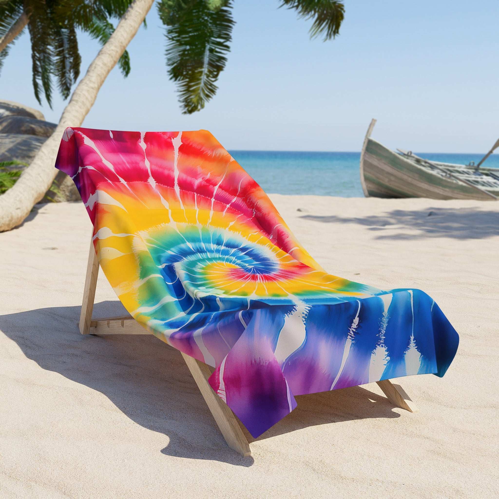 Beach lounger with a cool tie-dye beach towel laid over it under a palm tree.
