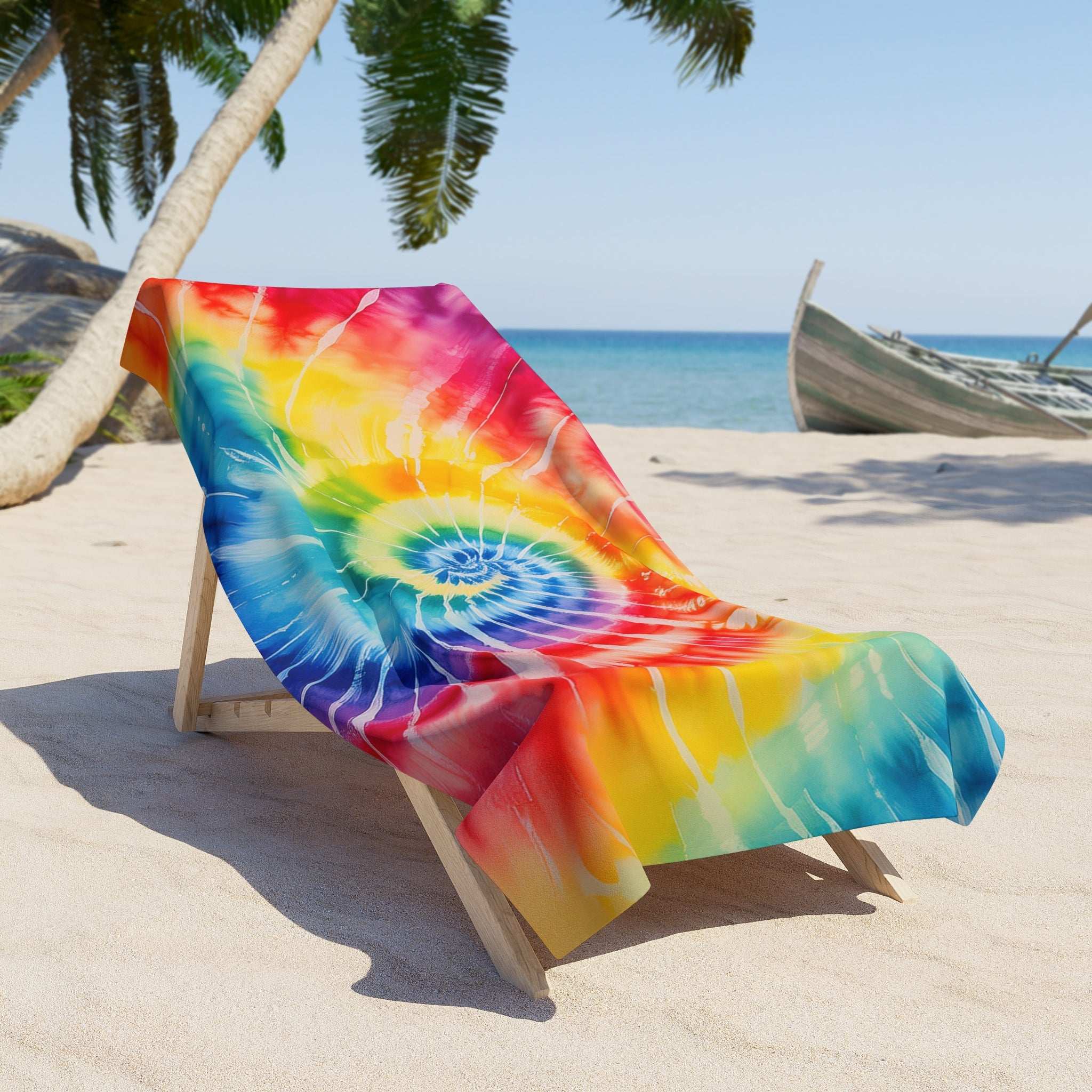 Beach Lounge chair under a palm tree at the beach, draped with a cool tie-dye beach towel