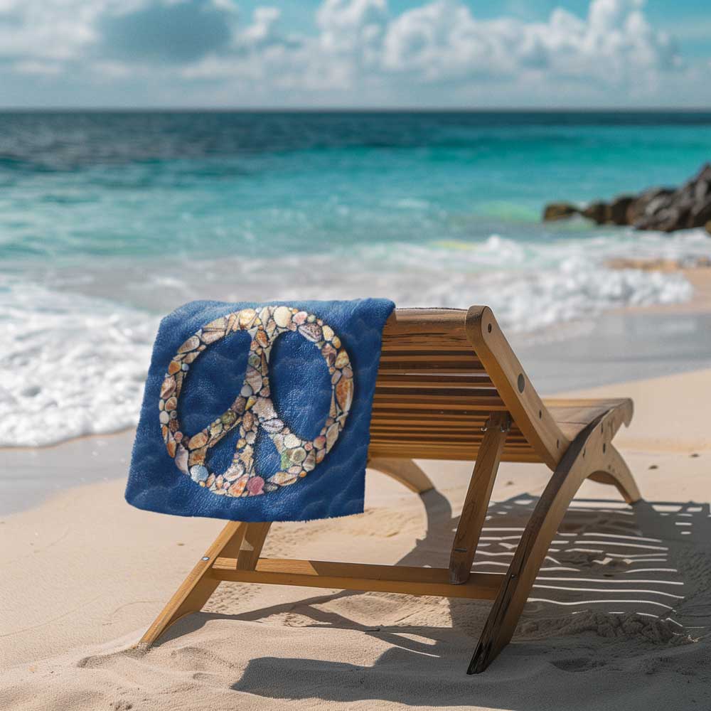 Seashell peace sign beach towel placed over a wooden lounge chair next to the ocean