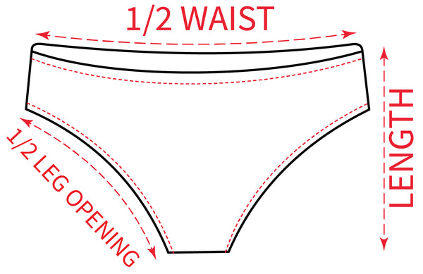 Diagram of women's underwear with labeled measurements on a white background