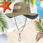 Beachcomber brand sun hat with beach-themed decorations including a starfish, shell, and palm leaves.
