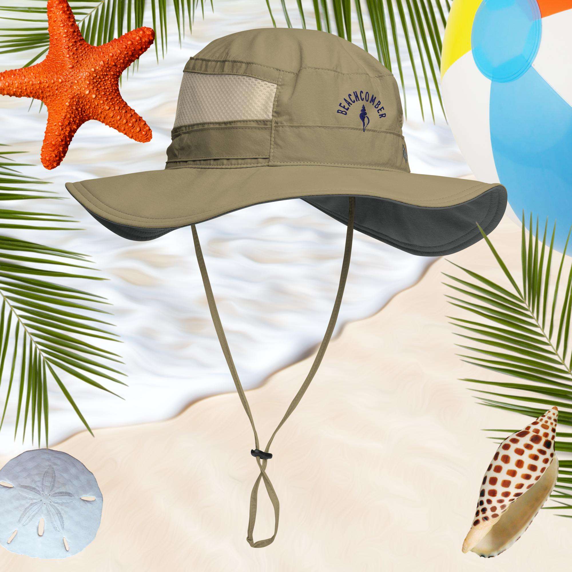 Beachcomber brand sun hat with beach-themed decorations including a starfish, shell, and palm leaves.