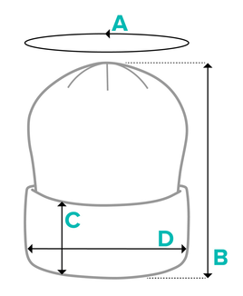 A simple line drawing of a hat with measurement arrows and labels A, B, C, and D indicating dimensions on the crown and brim.