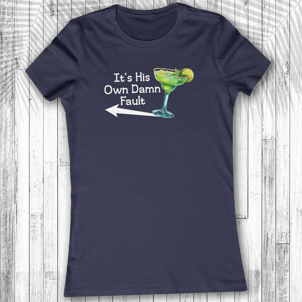 Navy Women's Margarita Tee t with a graphic and text on a wooden surface