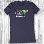 Navy Women's Margarita Tee t with a graphic and text on a wooden surface
