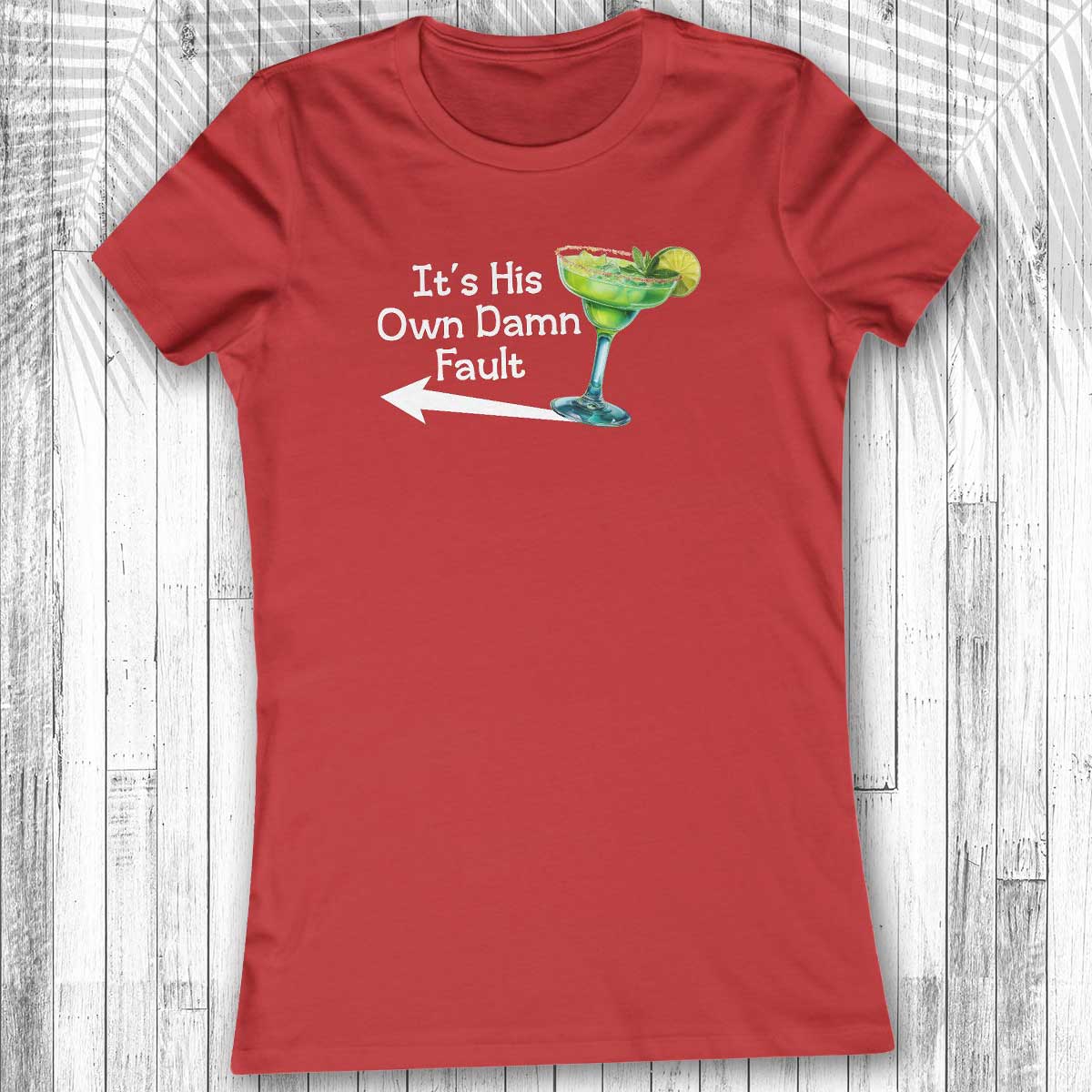 Red Women's Margarita Tee with a graphic and text on a wooden surface