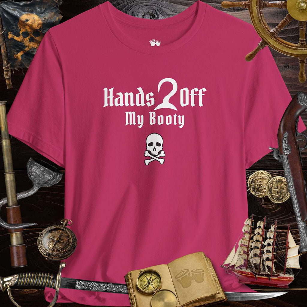 Hands Off My Booty Graphic Tee in vibrant pink with skull design, perfect for pirate-themed fun and casual wear.