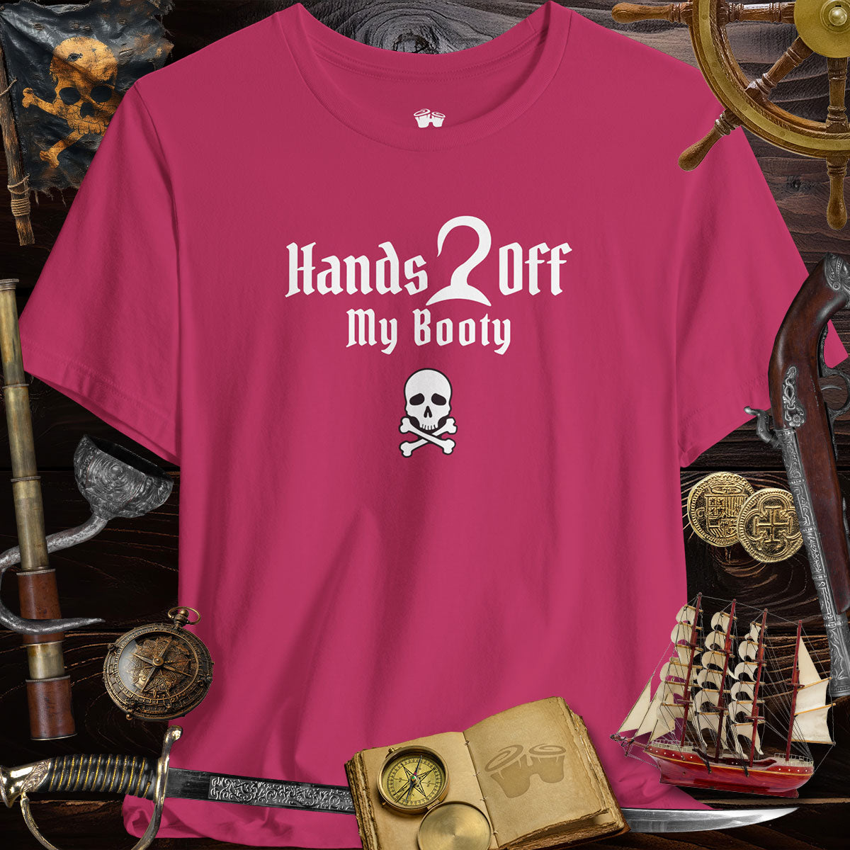 Hands Off My Booty Graphic Tee in vibrant pink with skull design, perfect for pirate-themed fun and casual wear.