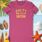 Women's pink nautical t-shirt with 'SALTY MOM' printed in nautical signal flags, perfect for beach and Mother's Day.