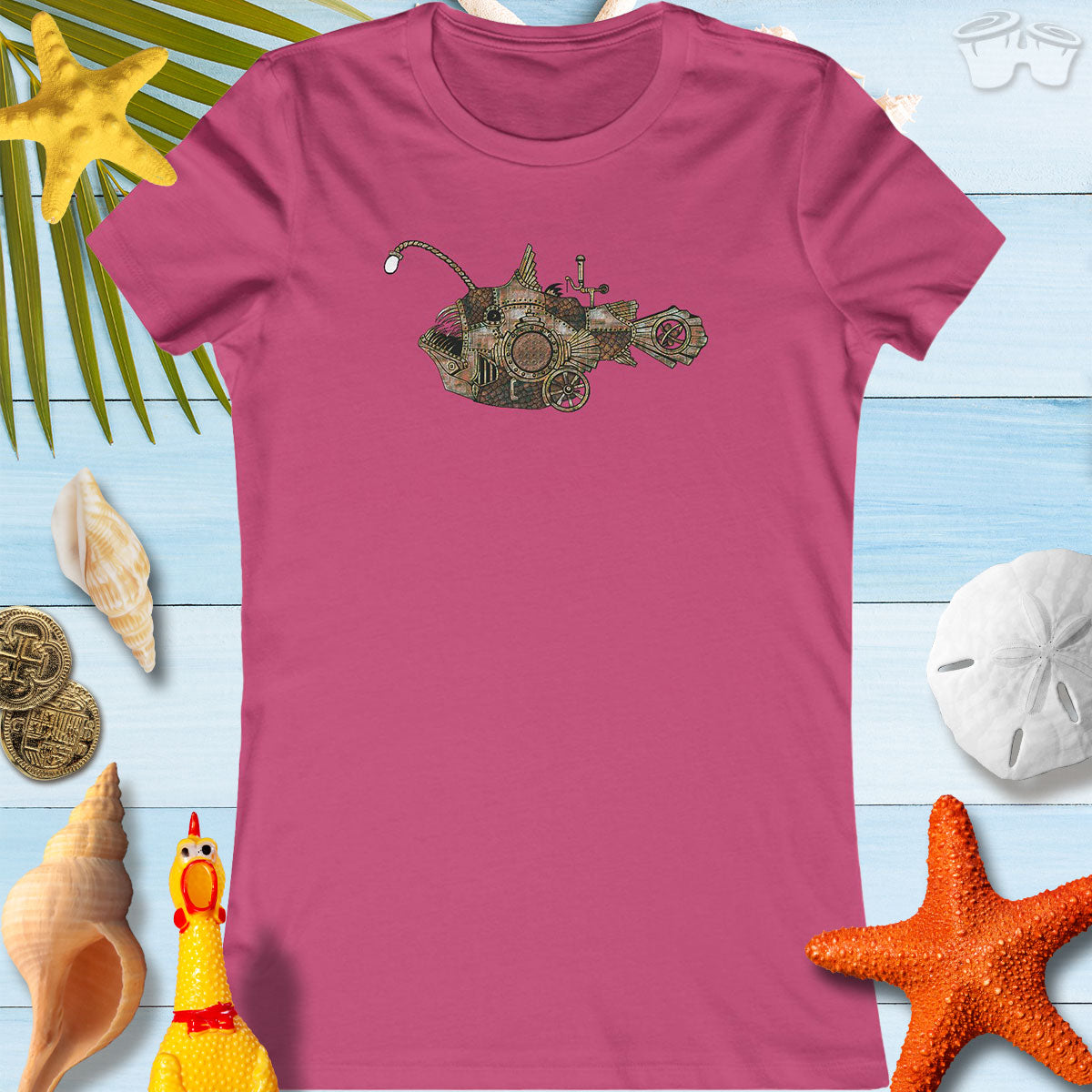 Angler Fish in Steampunk style on a Women's Berry T-Shirt over a beachy background