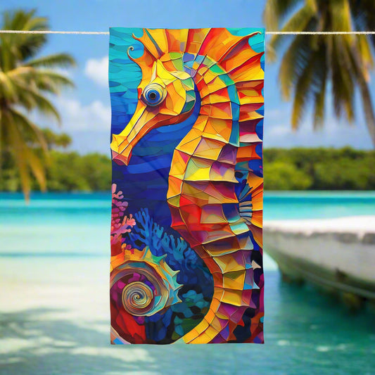 Colorful beach towel featuring a huge seahorse hanging on a line in a island paradise
