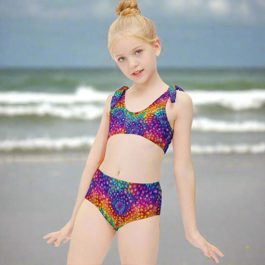 Young girl wearing a colorful tie-dye bikini swimsuit hanging out on Cocoa Beach