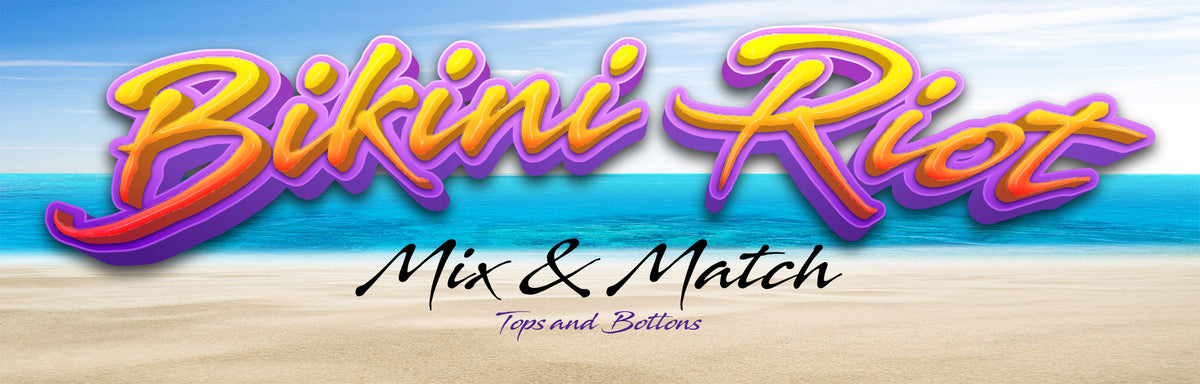 Beach scene with 'Bikini Riot' text in bright colors