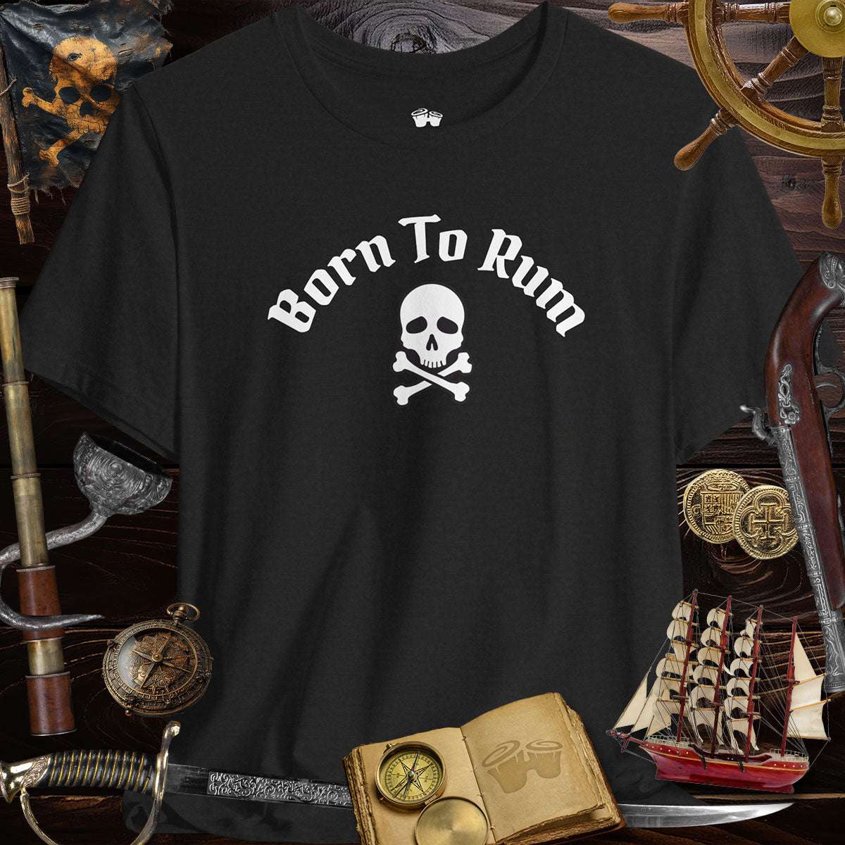 Born to Rum Jolly Roger Pirate Skull casual Bella Canvas T-Shirt on a pirate-themed background.