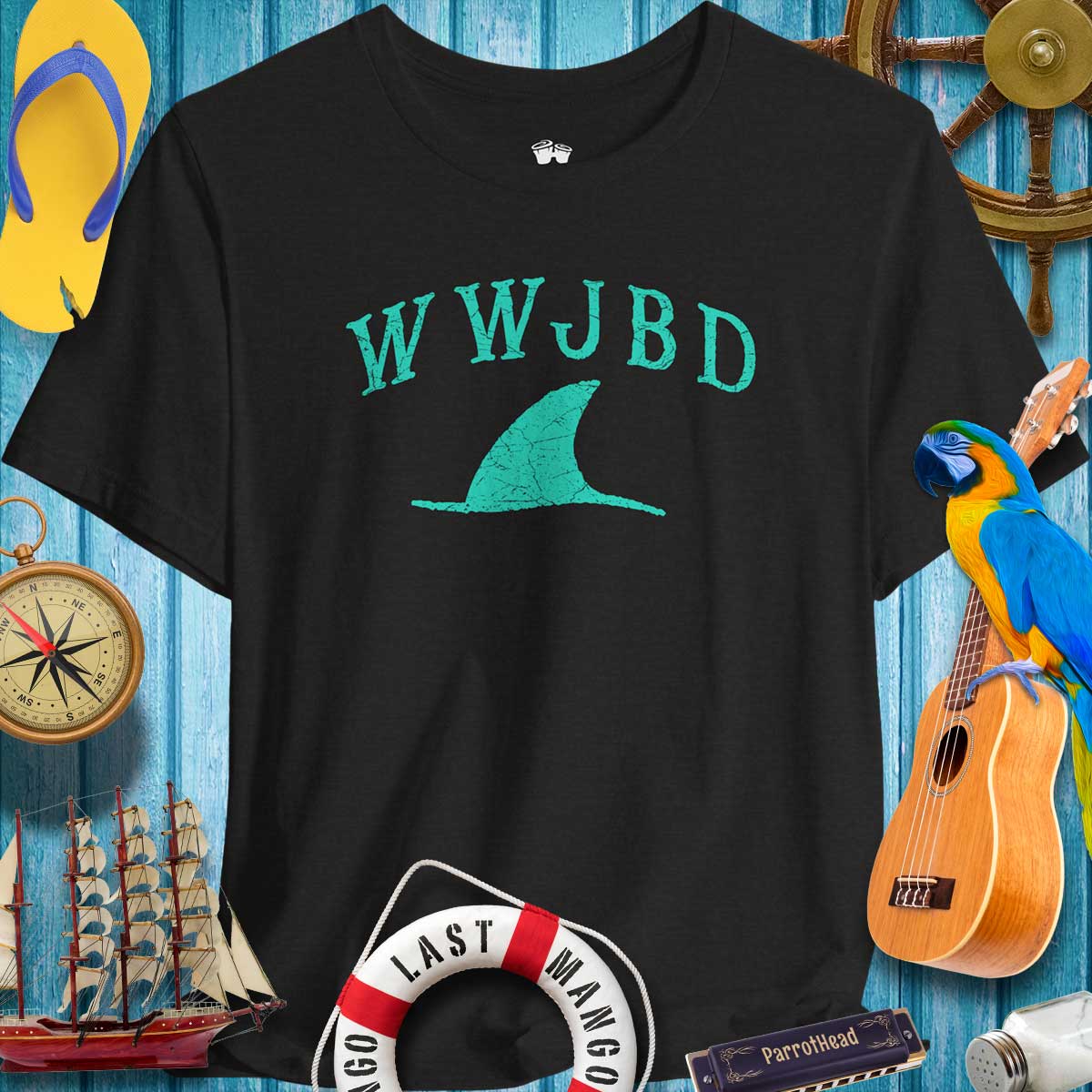 WWJBD Shark Fin Unisex Tee in black, perfect for ParrotHeads enjoying beach vibes and fun casual wear.