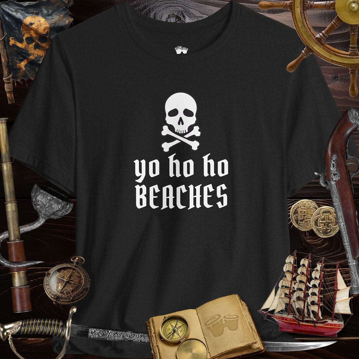 Yo Ho Ho Beaches Jolly Roger Pirate tee on a black shirt with skull and crossbones, perfect for casual summer outings.
