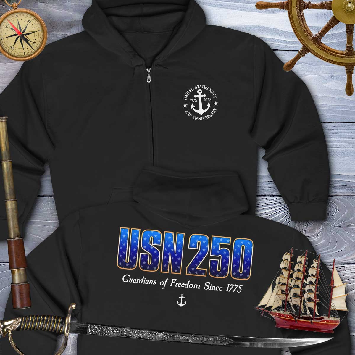 Black hoodie with USN 250 design on a wooden background with nautical items.