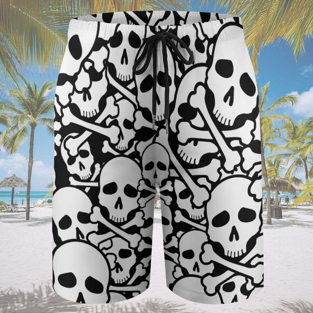 Beach shorts with skull and crossbones pattern on a tropical background