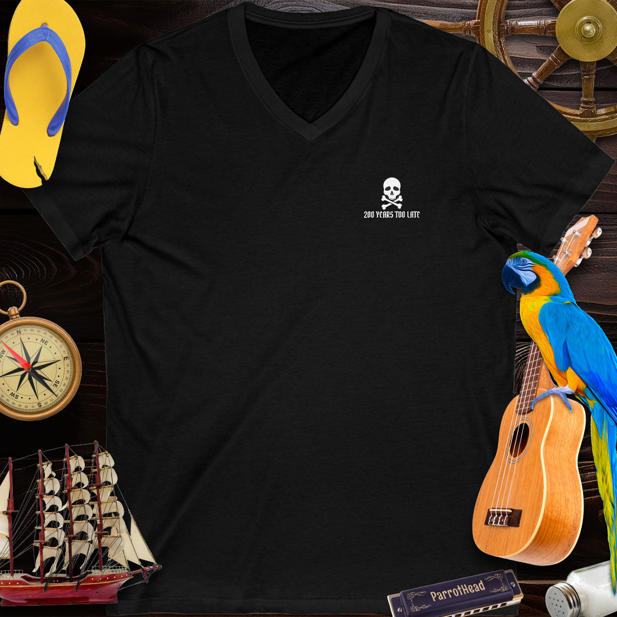Embroidered V-Neck Tee Pirate Logo 200 Years Too Late T-Shirts
