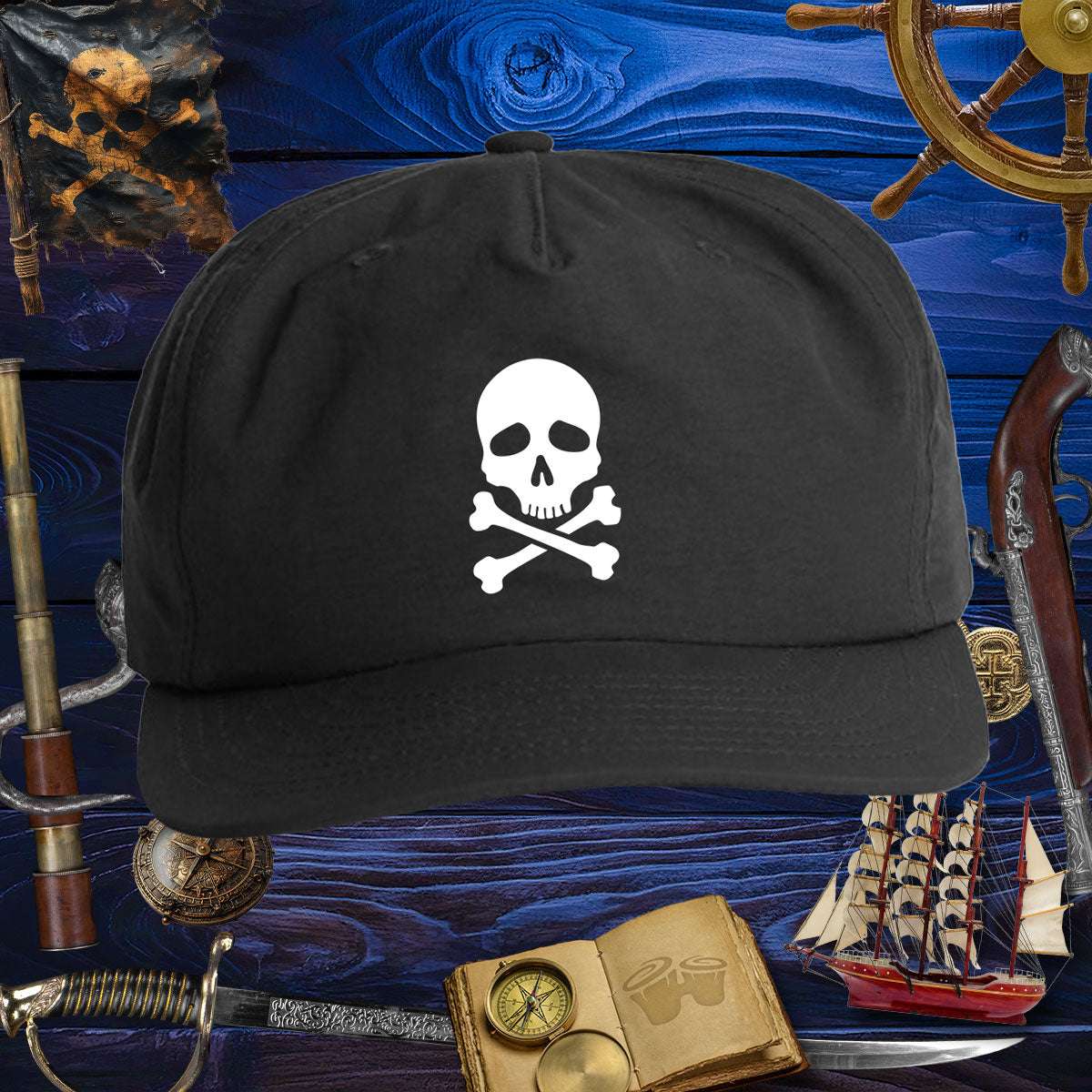 Skull & Bones Surf Cap | Jolly Pirate with a white skull design, perfect for beach adventures and outdoor sports.
