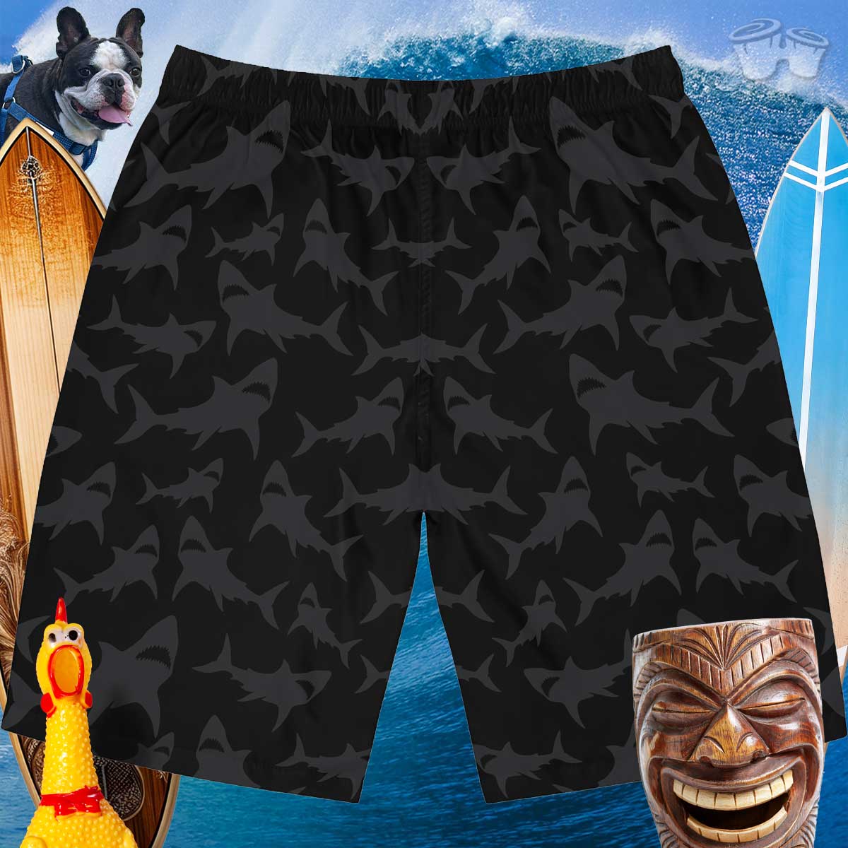 Back of Shark pattern board shorts with surfy background