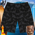Black bathing with cool grey shark pattern suit with a big wave background 
