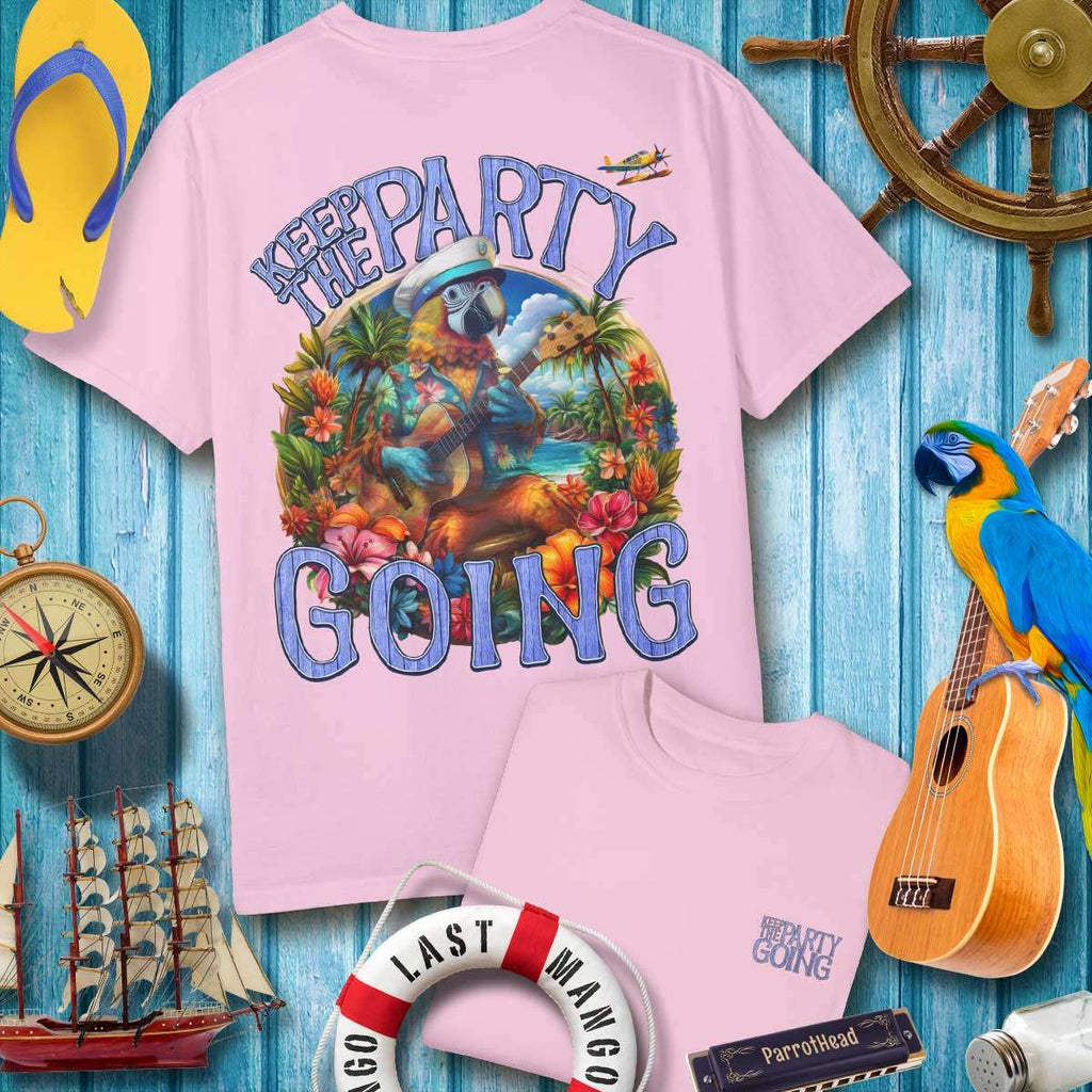 ParrotHead T-Shirt featuring colorful tropical design with 'Keep The Party Going' slogan on a pink background.
