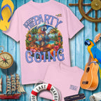 ParrotHead T-Shirt featuring colorful tropical design with 'Keep The Party Going' slogan on a pink background.