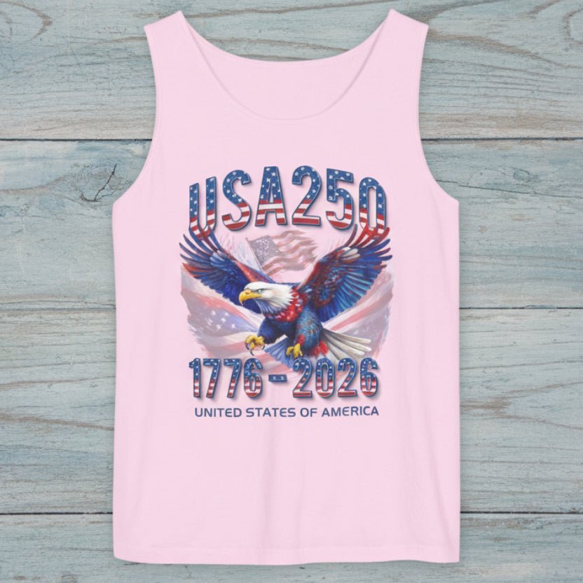 Pink tank top with eagle graphic and 'USA 250' text on a rustic wood background