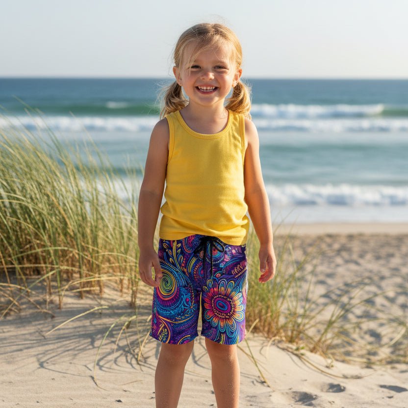Young girl in a yellow top and colorful Beach Shorts standing on a sandy beach with ocean waves in the background.