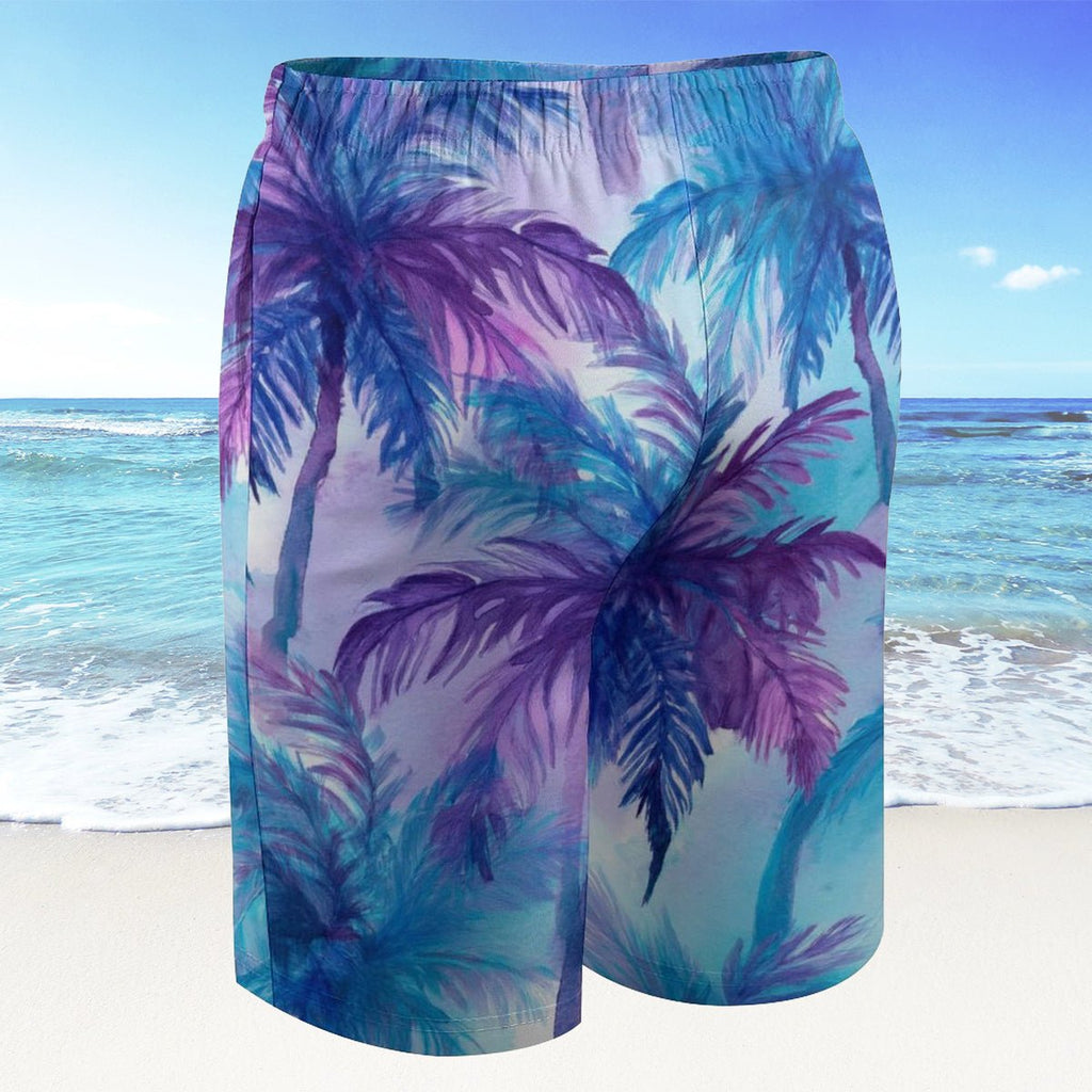 Beach shorts with palm tree design on a beach background