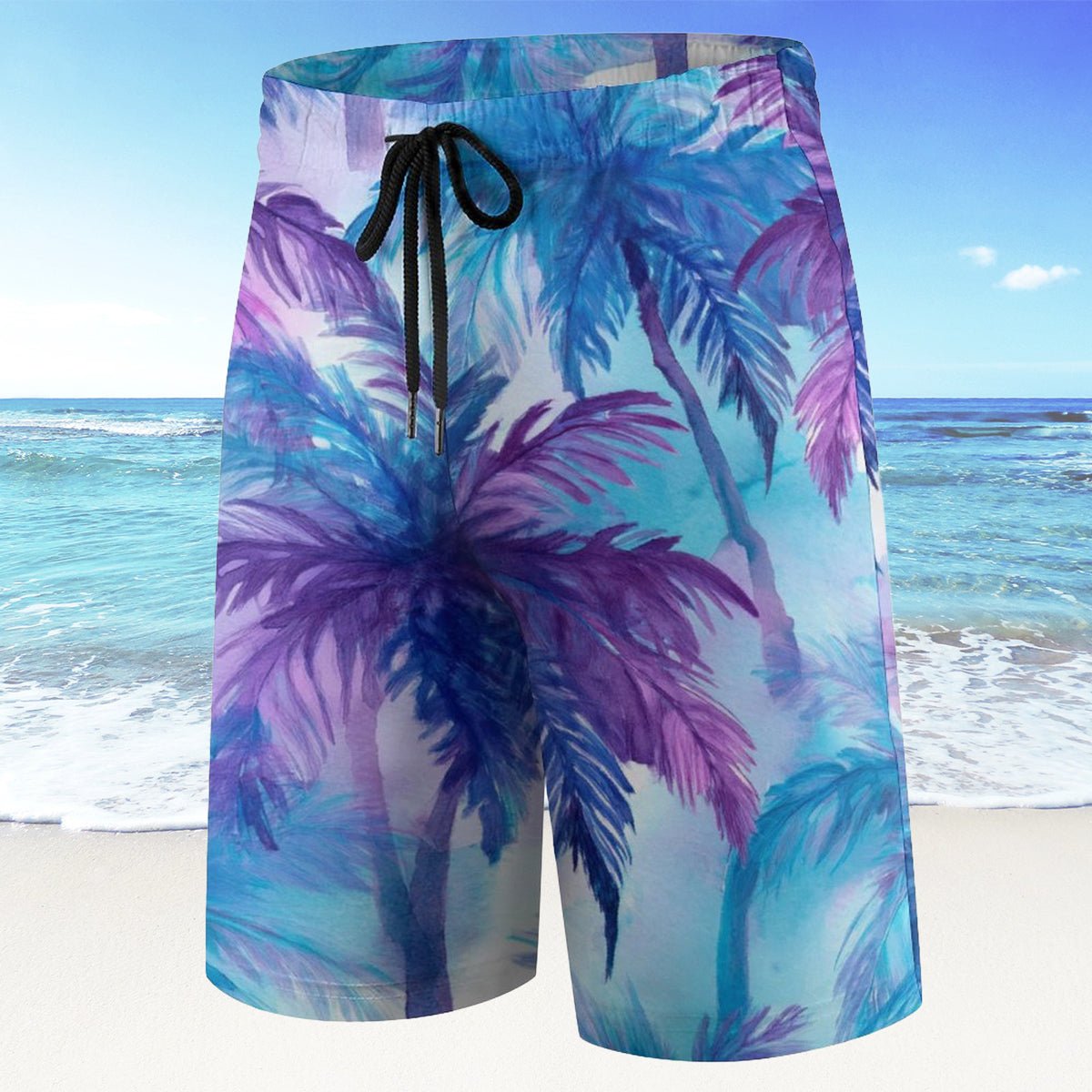 Colorful palm tree patterned shorts with a beach background
