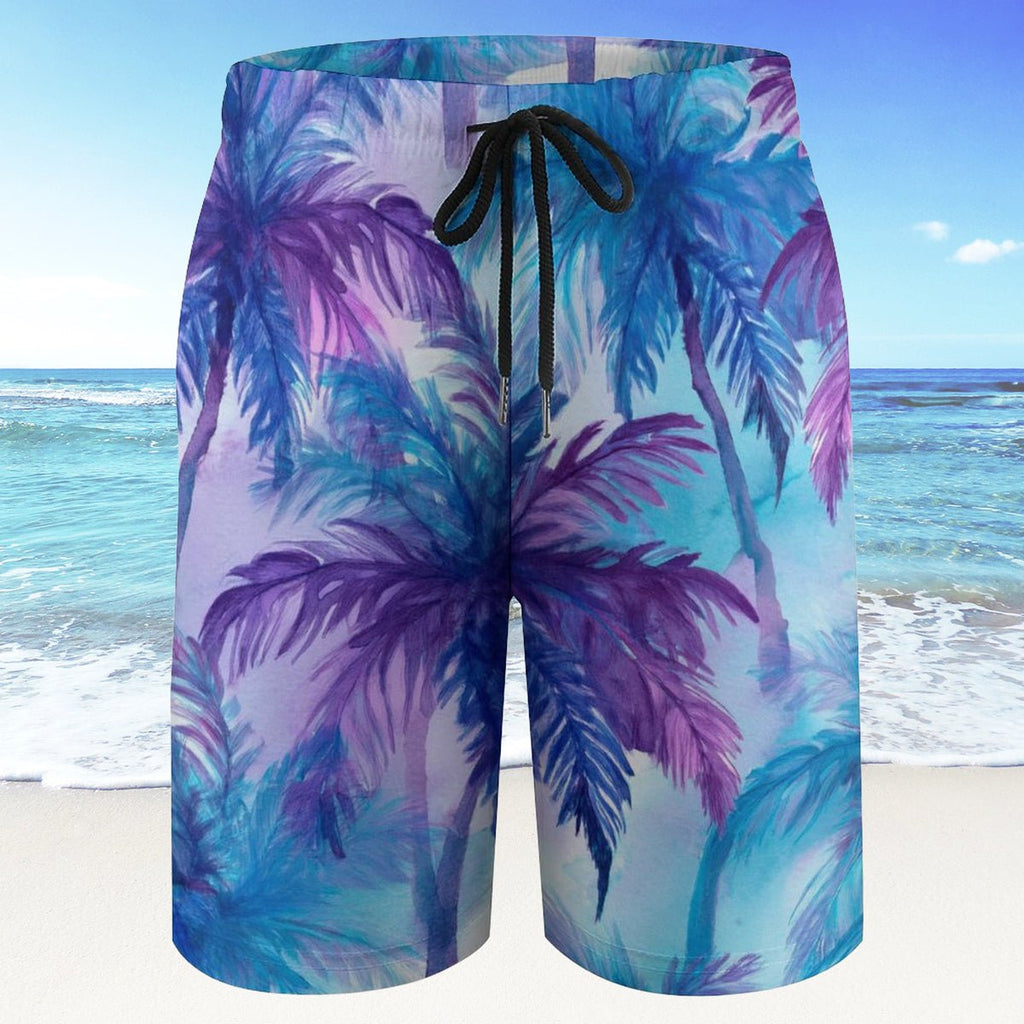 Beach shorts with palm tree design against a beach background