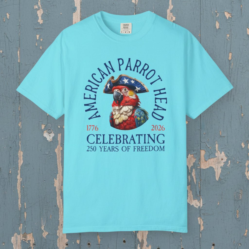 Light blue t-shirt with 'American Parrot Head' graphic and text on a nautical wood background