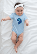 Baby wearing a light blue Parrot Head Infant Bodysuit with a blue parrot head design on a white blanket
