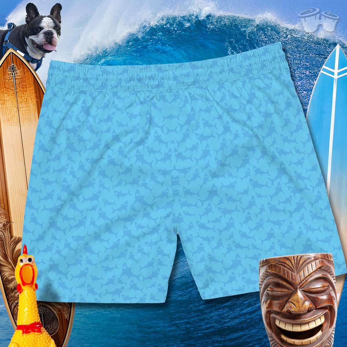 Back of Men's Board Shorts with Cool Blue Tone Shark Pattern over big wave 2 surfboards a laughin tiki